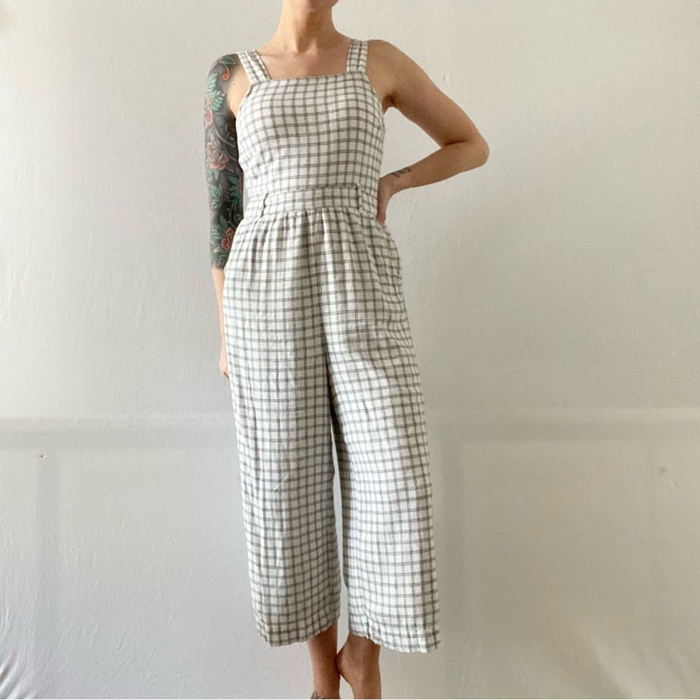 American Eagle Plaid Linen Blend Wide Leg Cropped Jumpsuit Size Small